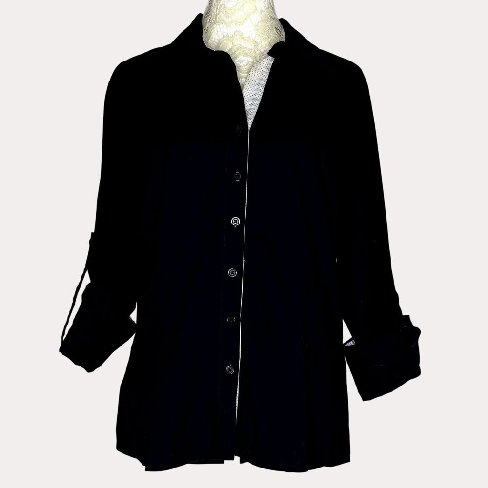 PA Concept Roll Tab Button Front Blouse Top Woven Black 46 am US XL